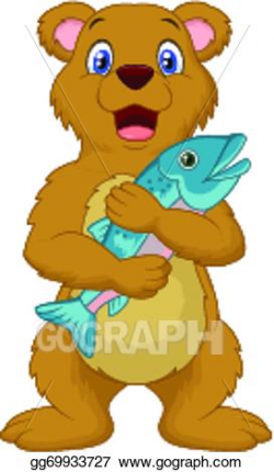 EPS Illustration - Cute cartoon bear holding salmon fi ...