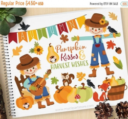 ON SALE - Fall Scarecrow Clipart, Autumn Animals, Harvest, Pumpkins, Wooden  Barrel, Crow, Fox, Squirrel, Commercial Use, Vector clip art, SV