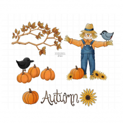 Autumn Digital Planner Stickers | Seasons Clipart | Fall Scarecrow, Pumpkin  Patch, Tree Branch, and Birds | PNG Printable Calendar Graphics