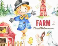 Farm. Outdoor. Watercolor country clipart, scarecrow, bunny, goose, chick,  windmill, barn, fence, household, harvest, thanksgiving, corn
