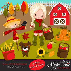 Farm clipart Fall at Backyard. Cute apple picker characters, scarecrow, red  barn, pumpkins, fall leaves and trees,sunflower & corn basket