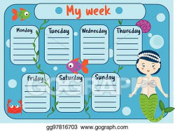 Clip Art Vector - Kids timetable with cute mermaid character ...