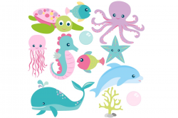 Girls Sea Animals Clipart and Digital Paper Set by PaperHutDesigns ...
