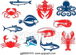 Vector Stock - Seafood icon set with fish and crustacean ...