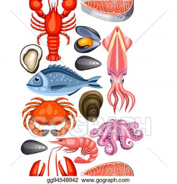 Vector Illustration - Seamless pattern with various seafood ...