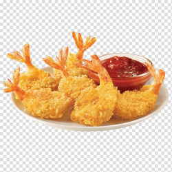 Bowl of fried foods with red dip, Fried shrimp French fries ...
