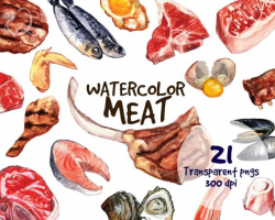 Carnivore Watercolor Meat, Seafood and Eggs Clipart