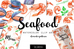 Watercolor Seafood Clip art Watercolour Shrimp Mussel Oyster Food Digital  Art Shellfish Menu Cafe Food Print Seamless Pattern clipart PNG