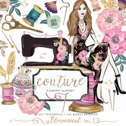 Couture Clip Art | Hand Drawn Craft Sewing Machine Flowers Fashion  Illustration Girl Graphics | Planner Stickers Digital Cliparts