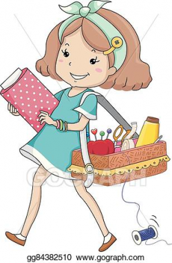 Vector Clipart - Kid girl carry sewing kit. Vector ...