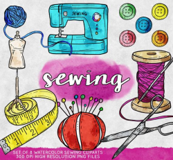 Sewing clipart commercial use, watercolor sewing clip art, digital clip  art, hand drawn clipart, sewing machine, embroidery, knitting, craft