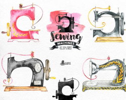 Sewing Machines Watercolor Clipart. 9 Hand painted images, black  silhouettes, diy logo, invite, boho, stitching, needlework