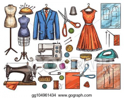 Clip Art Vector - Sewing tool and tailor equipment sketch ...