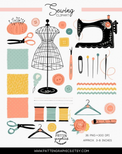 Sewing Clipart, Vintage Sewing Clipart, antique sewing machine, retro, sew,  dress form, mannequin, dress dummy, buttons, hand drawn clip art