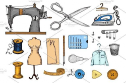 Set of sewing tools and materials or elements for needlework ...