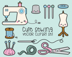 Premium Vector Clipart - Kawaii Sewing Clipart - Kawaii Sewing Clip art Set  - High Quality Vectors - Instant Download - Kawaii Sew Clipart