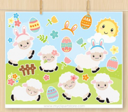 Easter Sheep Clipart, White, Lamb, Happy Easter eggs, Palm leaf, Passover,  Good Friday, flowers, Commercial Use, Vector clip art, SVG files