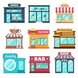Shops and stores icons set in flat design style. Fast food ...