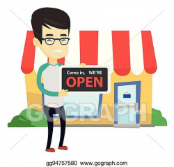 Vector Stock - Asian shop owner holding open signboard ...