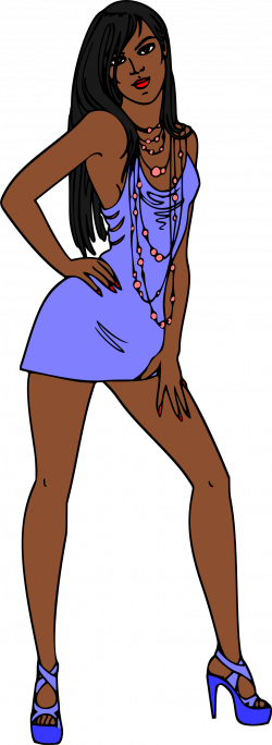 Clipart - Woman in short blue dress (black hair, dark skin)