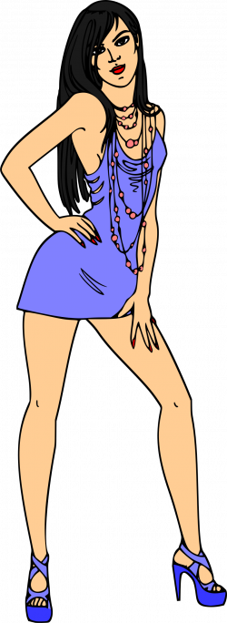 Clipart - Woman in short blue dress (black hair, light skin)
