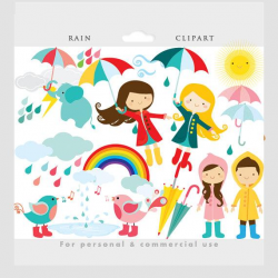Rain clipart - rain clip art, cute, whimsical, flying girl umbrellas birds  wellingtons boots, April showers, weather personal commercial use