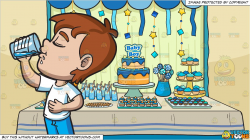 A Young Boy Looking Satisfied While Drinking Water and A Baby Shower Pastry  Buffet Table Background