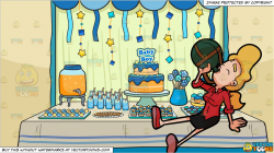 A Tired Woman Chugging Water Out Of Her Flask and A Baby Shower Pastry  Buffet Table Background