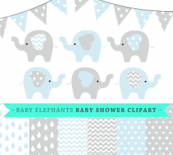 Premium baby shower vector clipart - Baby elephants - blue and grey baby  shower - clip art and digital paper set - baby elephant clipart