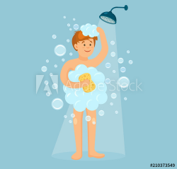 Happy man taking shower in bathroom. Wash head, hair, body ...