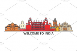 India outline skyline, indian flat thin line icons ...