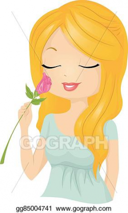 EPS Illustration - Pretty girl smell flower rose. Vector Clipart ...