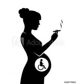 Silhouette of a pregnant woman smoking a cigarette. In the ...