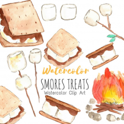 Smores Clip Art, Camping Clip Art. Watercolor hand drawn clip art set for  Commercial Use