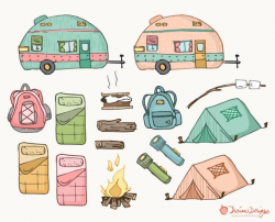 Camping clipart commercial use, trailer motorhome fire s'mores tent  flashlight sleeping bags backpacks nature outdoor instant download