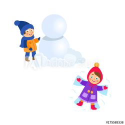 vector boy making big snowball, girl lying in snow making ...