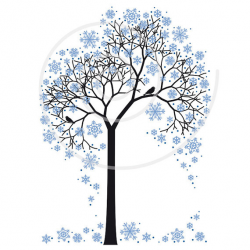 Winter tree digital clip art with snowflakes and birds ...
