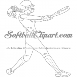 Softball Clipart of Batter Swinging White/Black Outline