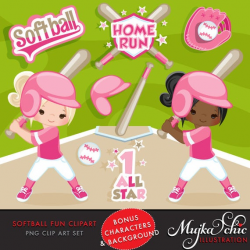 Softball Clipart. Pink Baseball graphics, baseball players, baseball game  illustrations, kids playing baseball, home run, african american