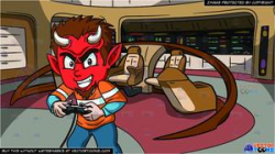 A Little Devil Playing A Video Game and The Bridge Of A Spaceship Background