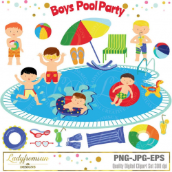 Boys Pool Party Clipart, Pool Party Clip Art, Summer Party, Swimming Boys,  Splash, Summer, Boy pool party, Commercial-Personal Use