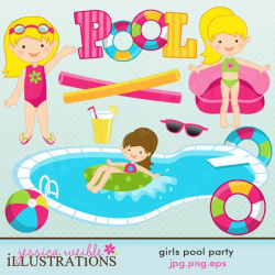 Girls Pool Party Cute Clipart, Pool Party Clip Art, Summer ...