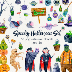 Halloween Watercolor Clipart, Spooky clipart, Scary Clipart, Cute Fall  Pumpkin, Autumn Pumpkin, Dracula, Treats, Candy, Cat & Witch