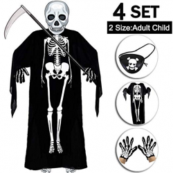 4 Sets Halloween Spooky Skeleton Skull Trooper Poncho Adult/Kids Costume  Set Halloween Phantom Cosplay Gloves Eye Mask