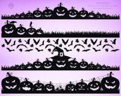 Halloween Pumpkin Borders, spooky clipart, instant download digital  clipart, printable border, silhouettes, decor with pumpkin, bat, cobweb