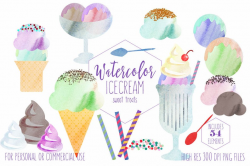 WATERCOLOR ICECREAM Clipart Commercial Use Ice Cream Clip Art Cute Icecream  Treats Summer Clipart Sundaes Cones Sprinkles Toppings Graphics