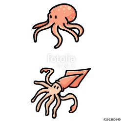 Cute squid and octopus set cartoon vector illustration motif ...