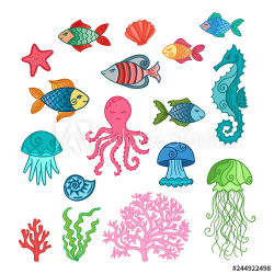 Set of hand drawn cute sea animals: starfish, seahorse ...