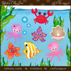 Clipart fish, clip art sea creatures- Commercial Use OK, clipart ocean,  seaweed, clipart bubbles, Clipart crabs, starfish.