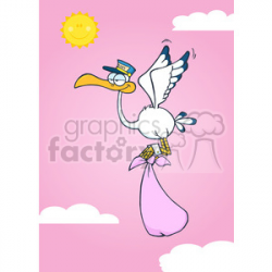 Royalty Free RF Clipart Illustration Cute Cartoon Stork Delivery A Baby  Girl In The Sky clipart. Royalty-free clipart # 395387